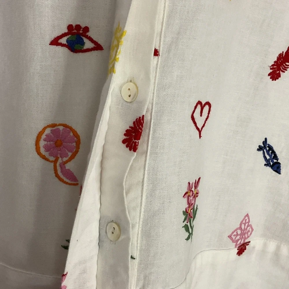 Caroline Constas White Crop Button Up Embroidered Top Med Summer Print Linen - Picture 5 of 13